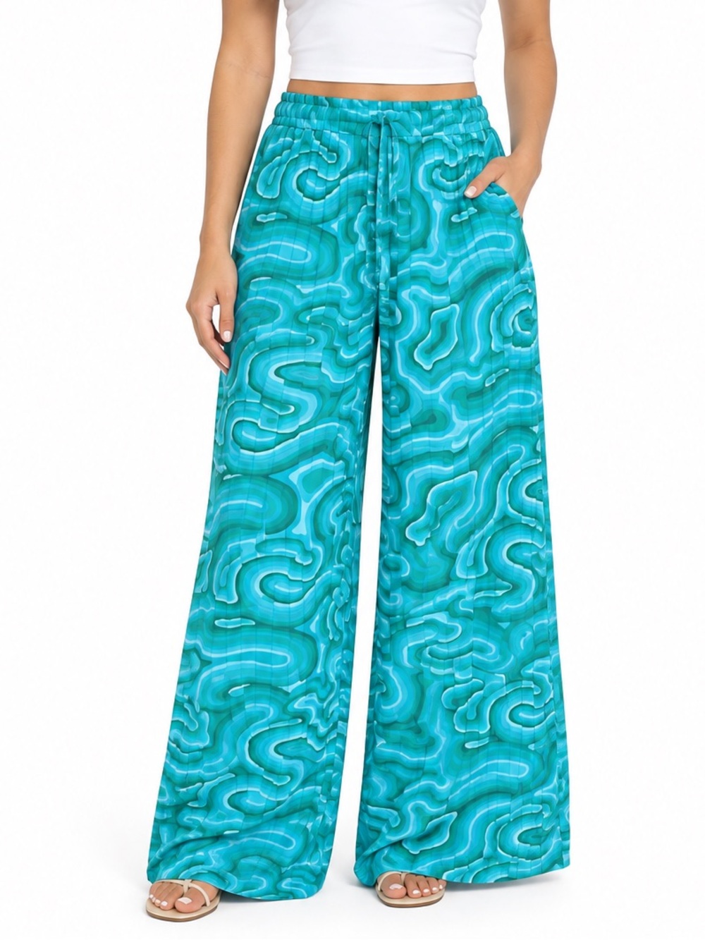 Ashley Stewart Turquoise Patterned Wide-Leg Pants